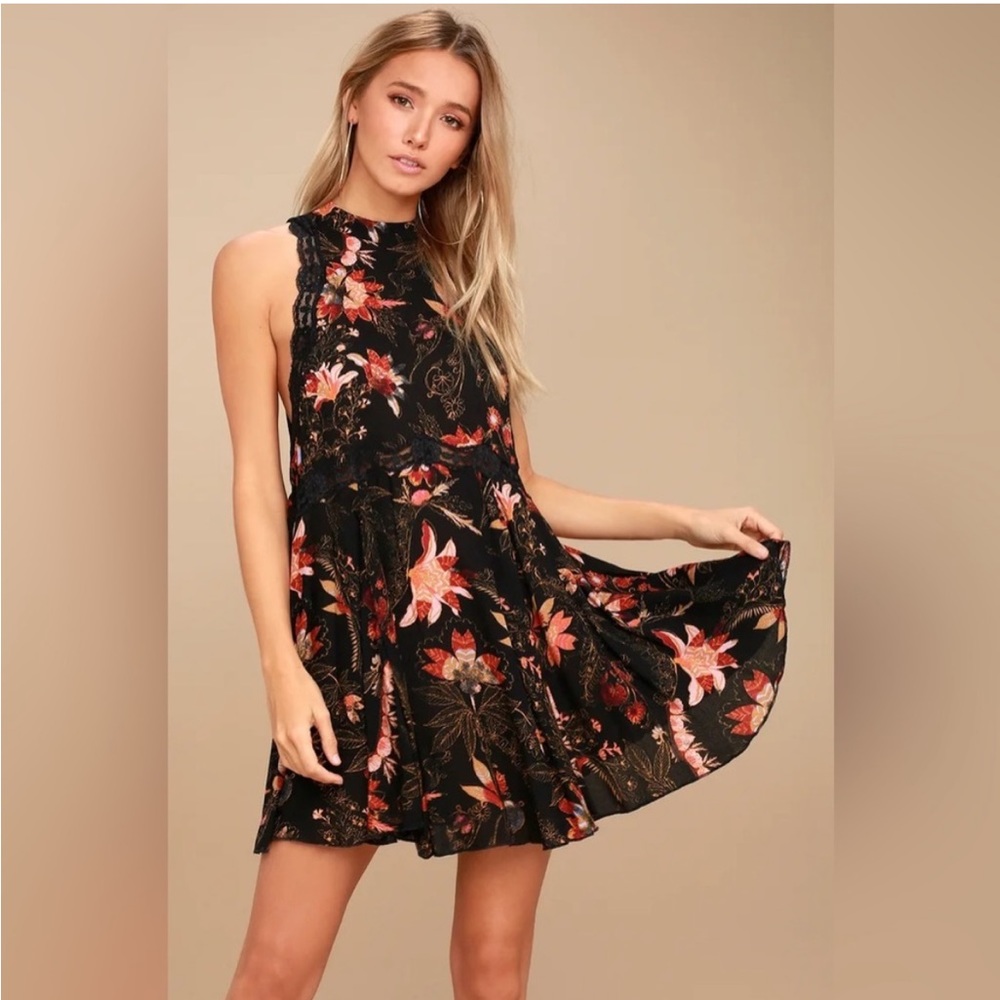 Free People She Moves Black Floral Print Lace Slip Dress